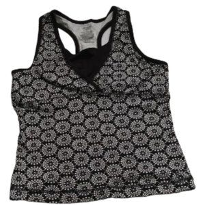 WOMEN'S DANSKIN BLACK AND WHITE FLORAL  EXERCISE TOP, SIZE M